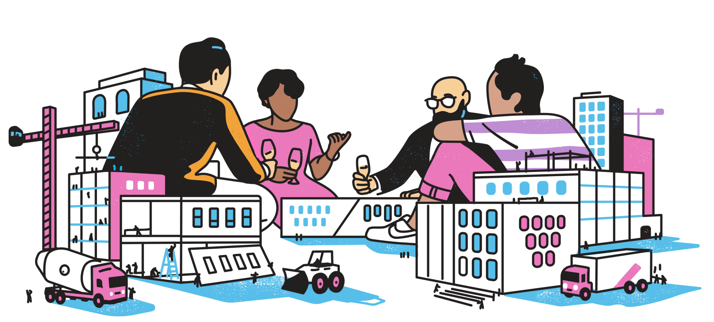A vibrant illustration of four people engaged in a discussion in an urban setting with buildings under construction and various vehicles around them.